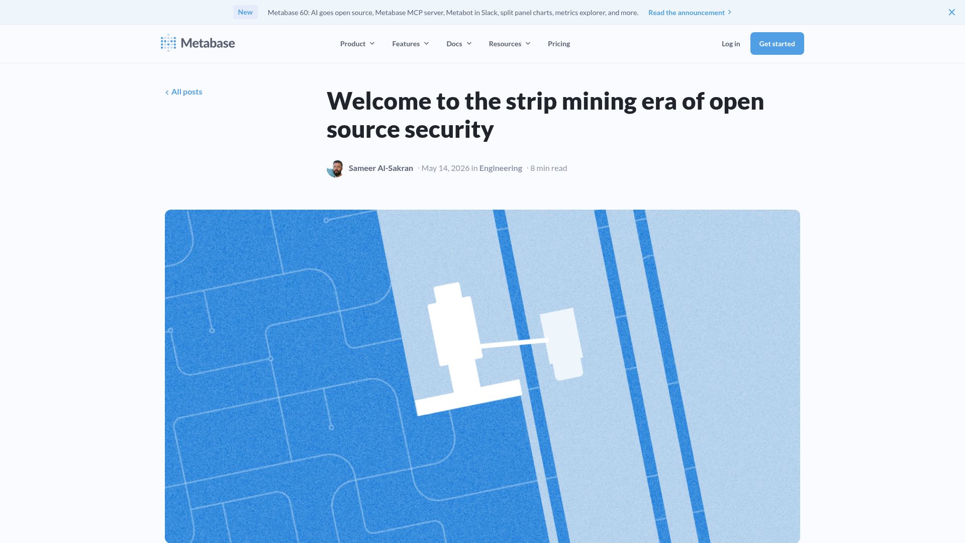 Screenshot of metabase.com: Welcome to the Strip Mining Era of OSS Security