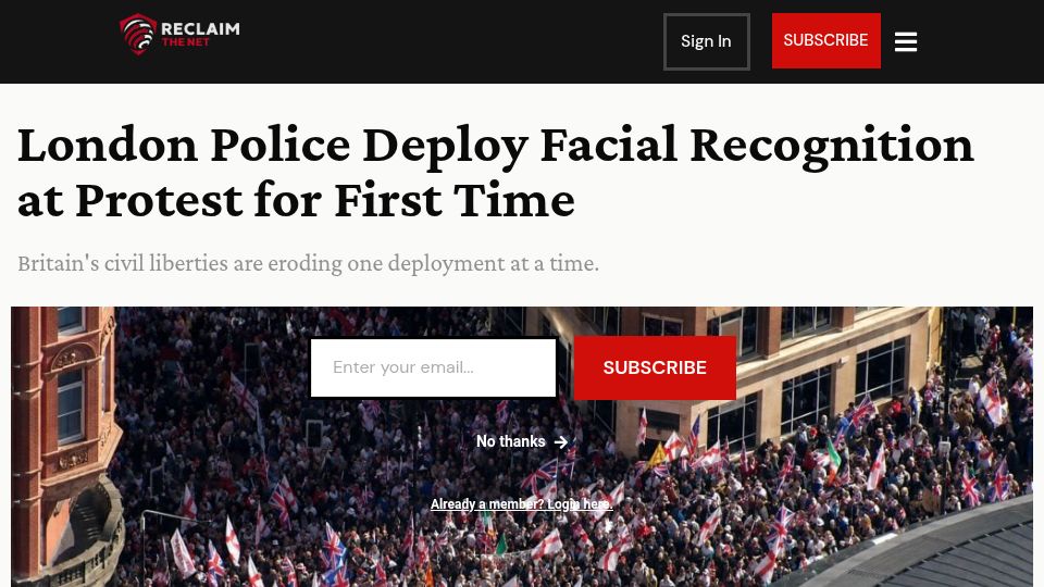 Screenshot of reclaimthenet.org: London Police Deploy Facial Recognition at Protest for First Time