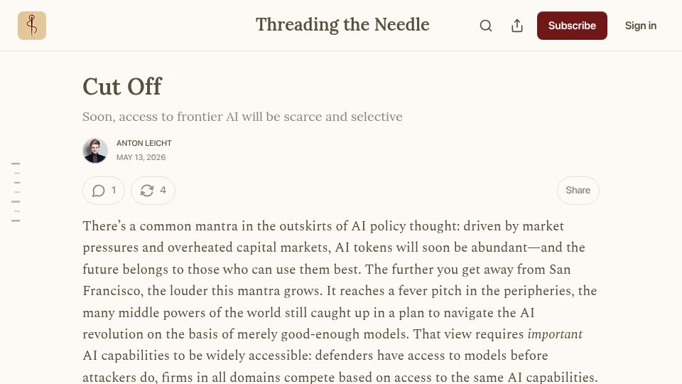 Screenshot of writing.antonleicht.me: Access to frontier AI will soon be limited by economic and security constraints