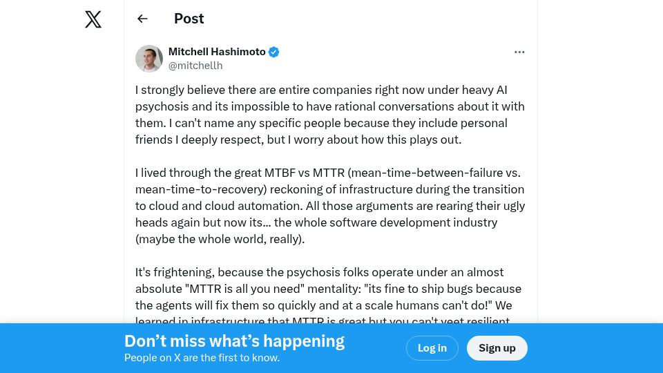 Screenshot of twitter.com: I believe there are entire companies right now under AI psychosis