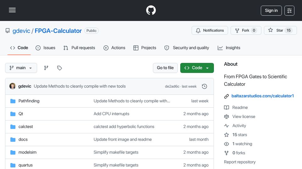 Screenshot of github.com: I designed a nibble-oriented CPU in Verilog to build a scientific calculator
