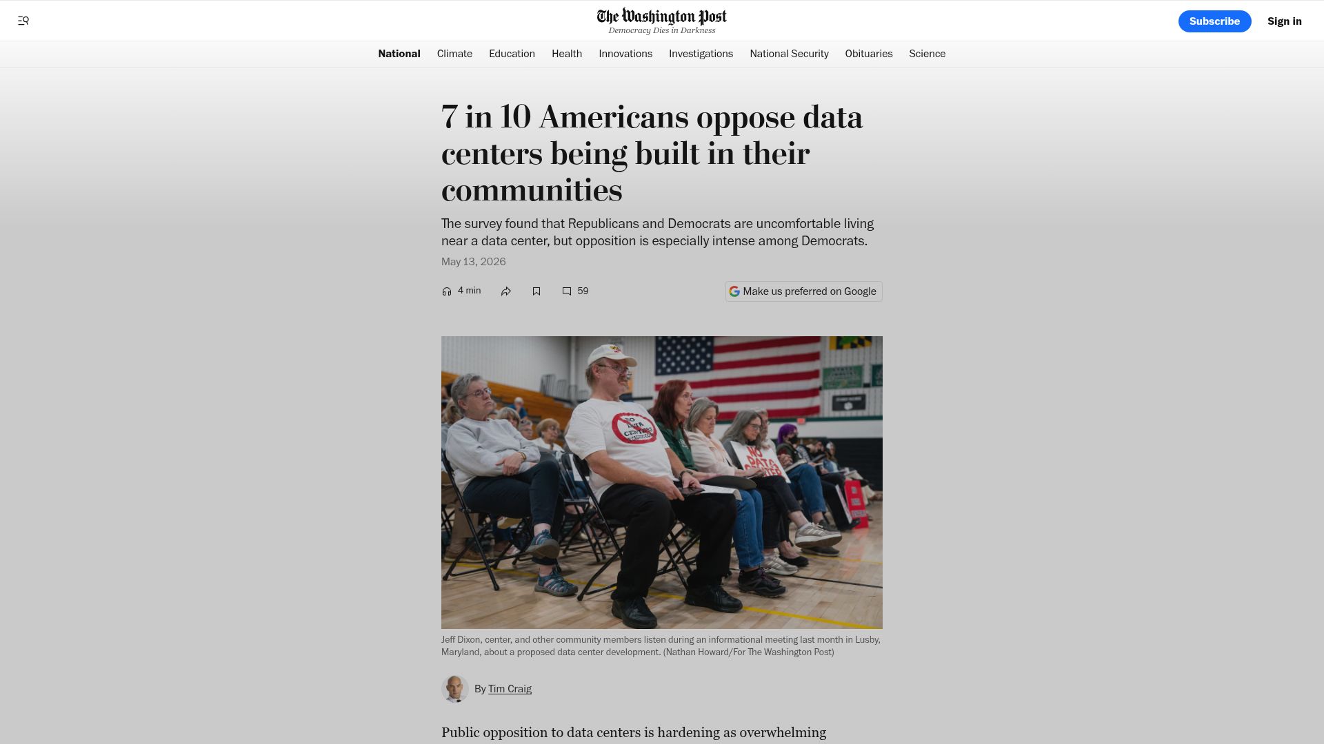Screenshot of washingtonpost.com: 7 in 10 Americans oppose data centers being built in their communities