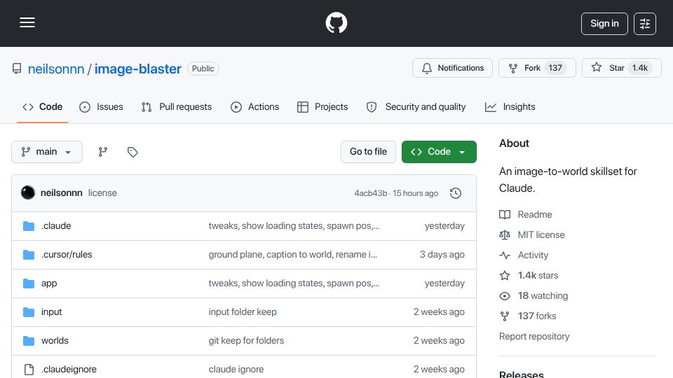 Screenshot of github.com: Image-blaster: Creates 3D environments, SFX, and meshes from a single image
