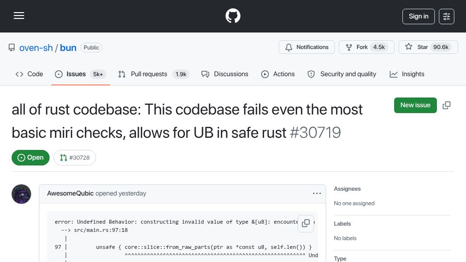 Screenshot of github.com: Bun Rust rewrite: "codebase fails basic miri checks, allows for UB in safe rust"