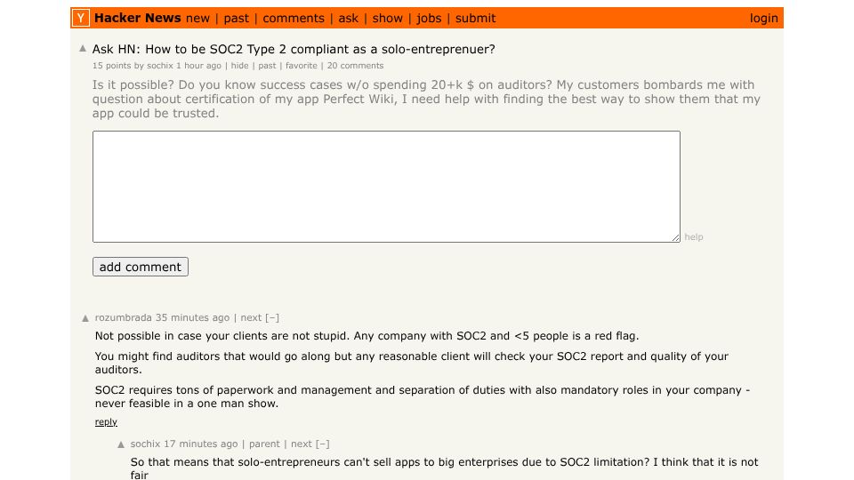 Screenshot of Hacker News post: Ask HN: How to be SOC2 Type 2 compliant as a solo-entreprenuer?