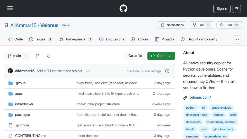 Screenshot of github.com: Velonus – Open-source AppSec scanner that deduplicates SAST noise