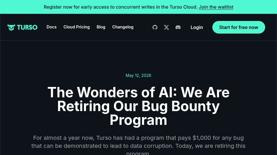 Screenshot of turso.tech: We are retiring our bug bounty program