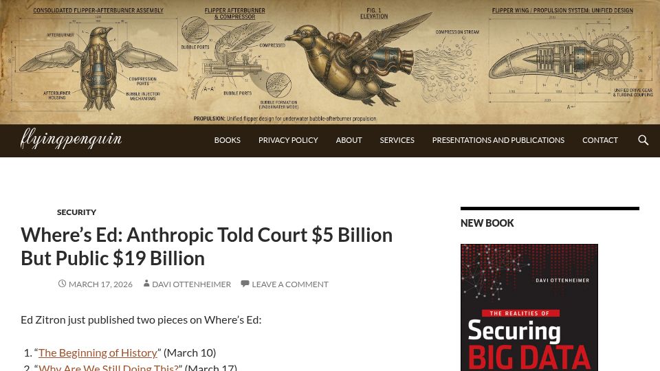 Screenshot of flyingpenguin.com: Where's Ed: Anthropic Told Court $5B but Public $19B
