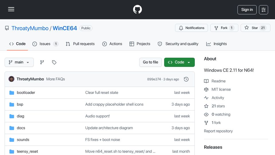 Screenshot of github.com: WinCE64 – Windows CE 2.11 for N64