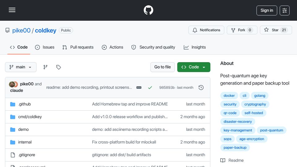 Screenshot of github.com: Coldkey – Post-quantum age key generation and paper backup tool