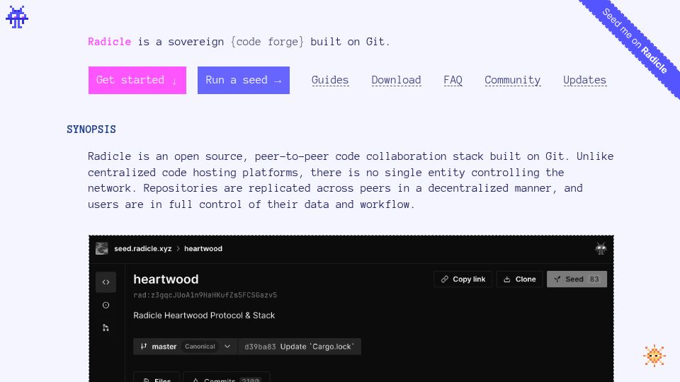 Screenshot of radicle.dev: Radicle: Sovereign {code forge} built on Git