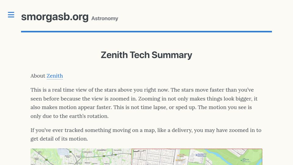 Screenshot of smorgasb.org: Zenith: a live local-first fixed viewport planetarium