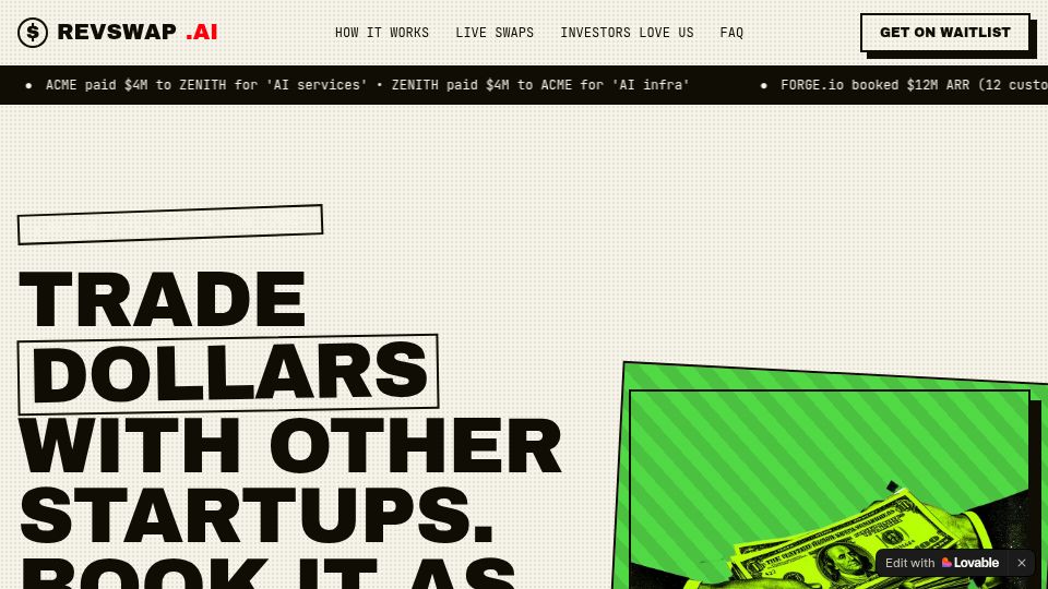 Screenshot of revswap.ai: Trade Dollars with other startups. Book it as revenue