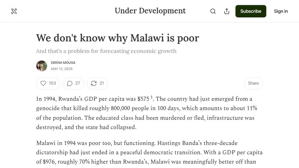 Screenshot of newsletter.deenamousa.com: We don't know why Malawi is poor