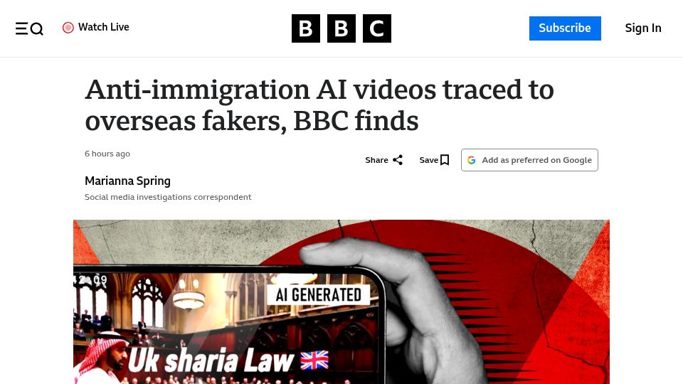 Screenshot of bbc.co.uk: Overseas fakers using AI videos to push a narrative of UK decline, BBC finds