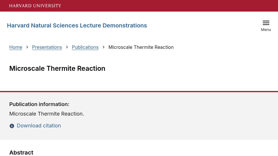 Screenshot of sciencedemonstrations.fas.harvard.edu: Microscale Thermite Reaction
