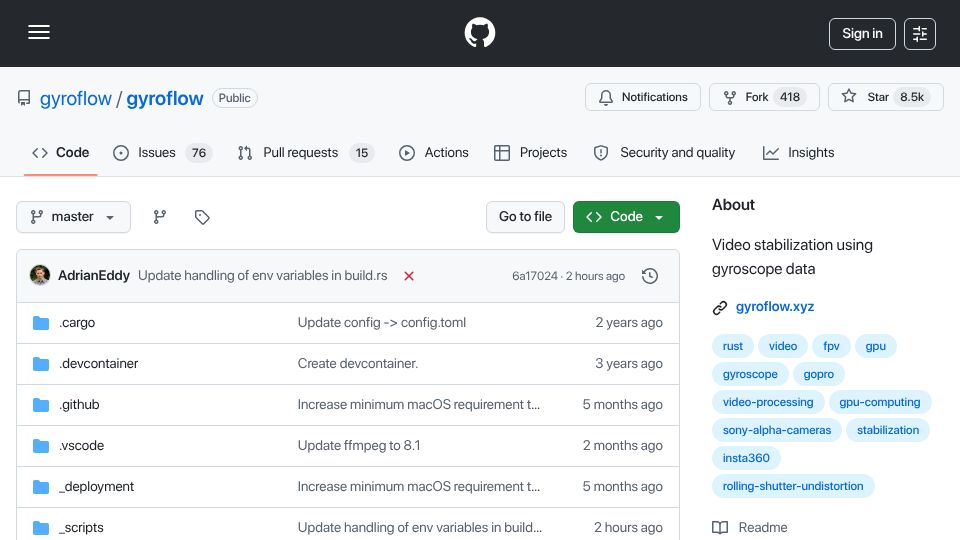 Screenshot of github.com: Gyroflow: Video stabilization using gyroscope data