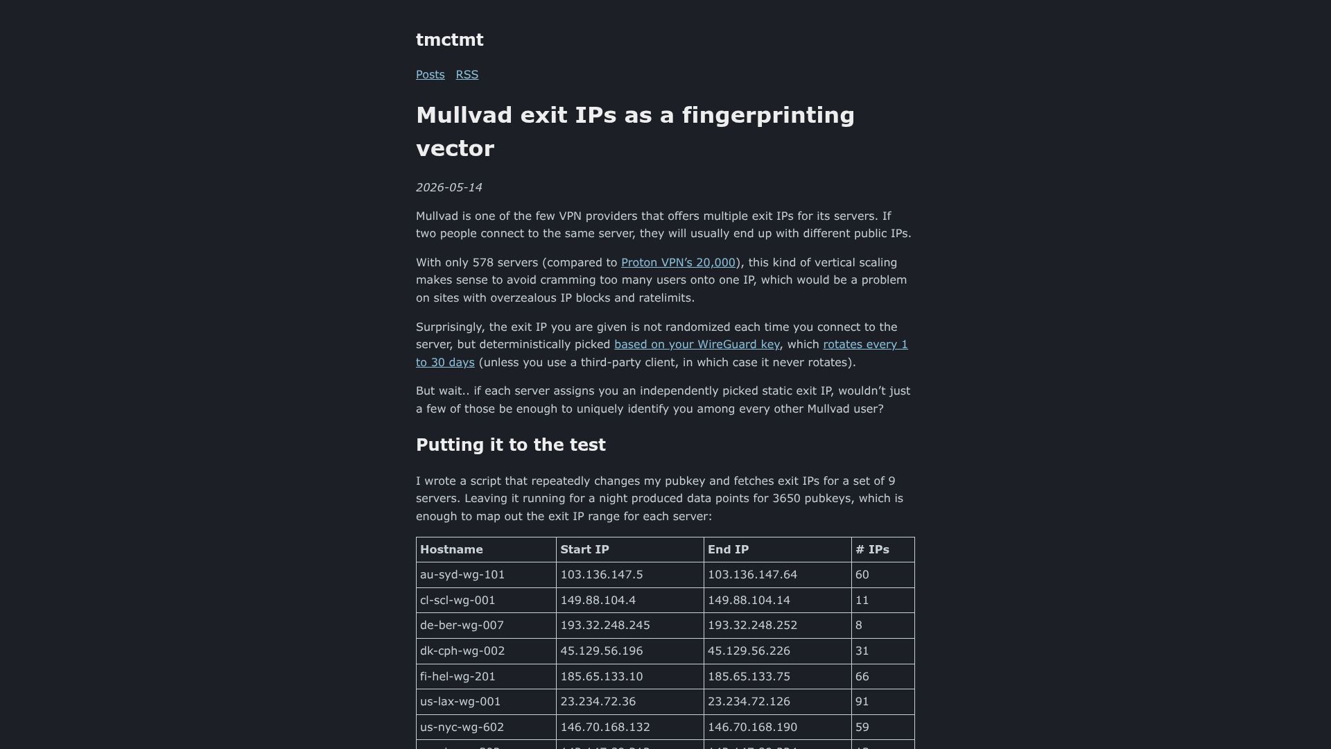 Screenshot of tmctmt.com: Mullvad exit IPs are surprisingly identifying