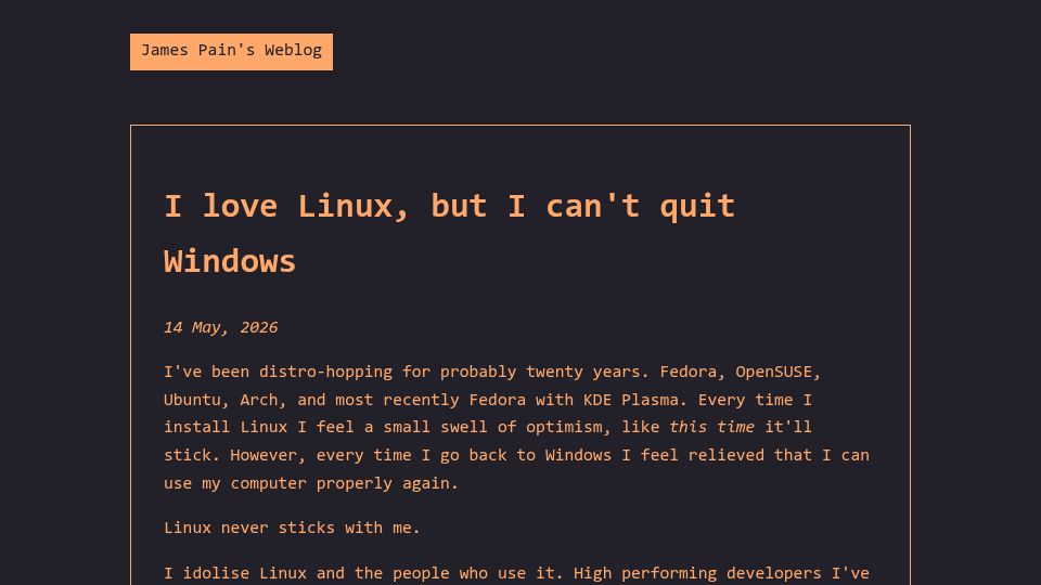 Screenshot of jpain.io: I love Linux, but I can't quit Windows