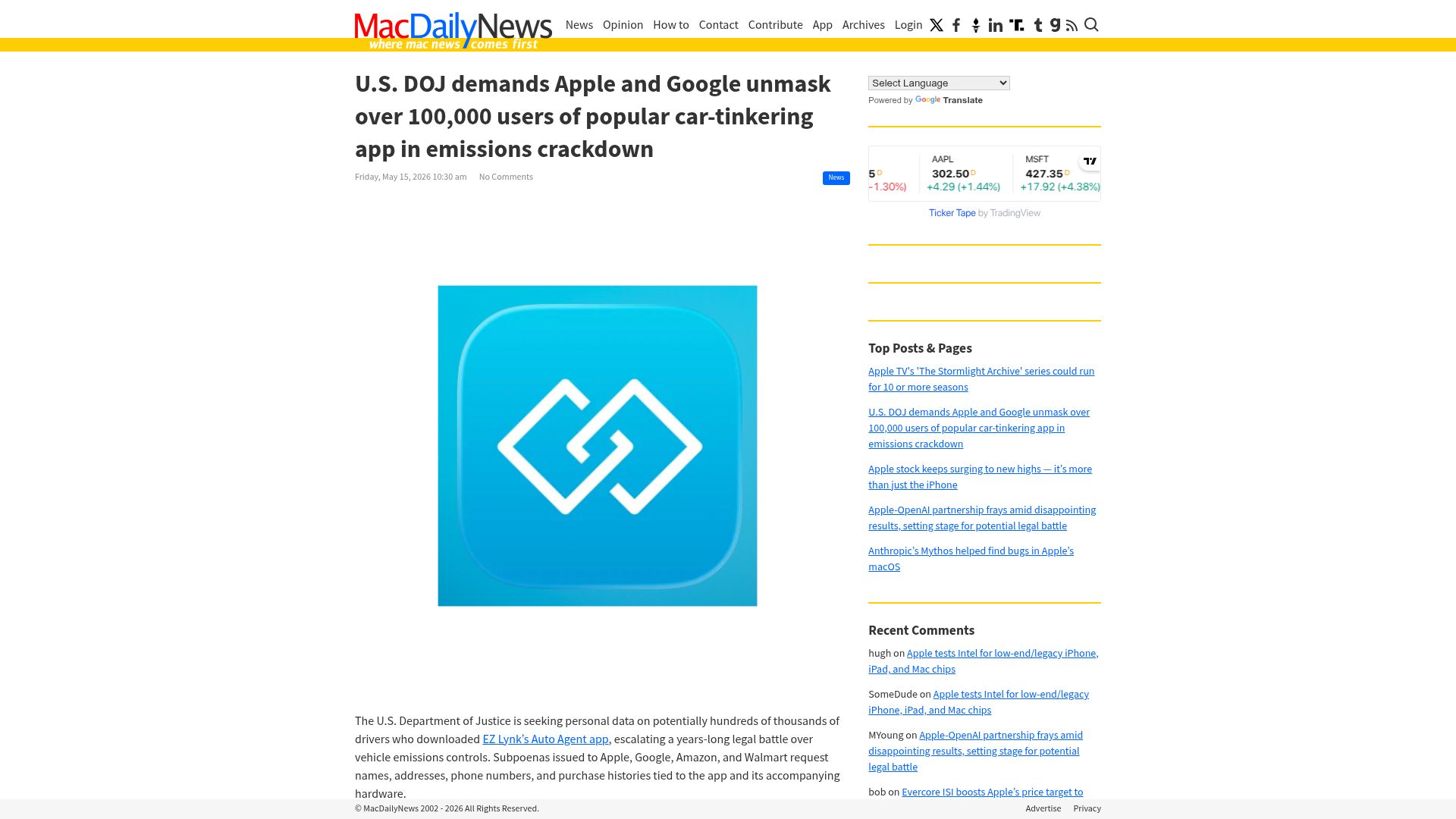 Screenshot of macdailynews.com: U.S. DOJ demands Apple and Google unmask over 100k users of car-tinkering app