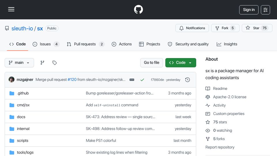 Screenshot of github.com: Show HN: Sx – an open-source package manager for AI skills, MCPs, and commands