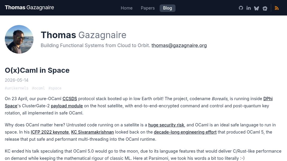 Screenshot of gazagnaire.org: O(x)Caml in Space