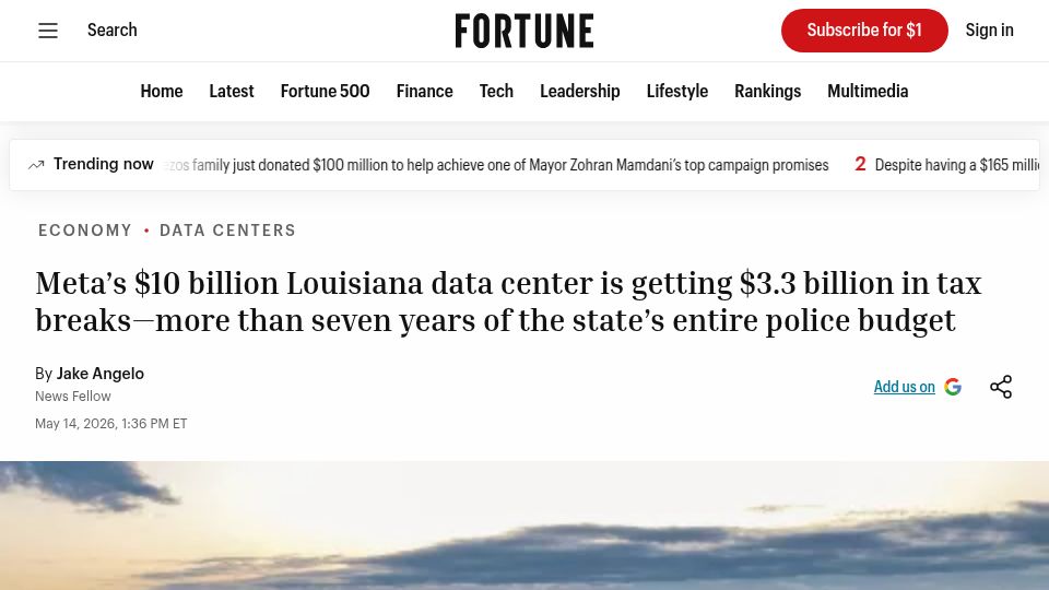 Screenshot of fortune.com: Meta to receive $3.3B in tax breaks for its $10B Louisiana data center