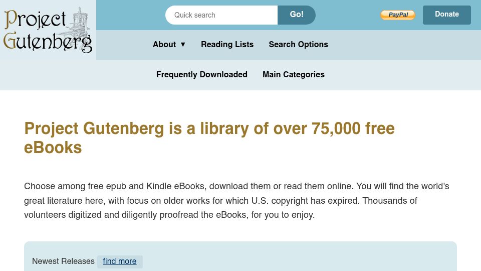 Screenshot of gutenberg.org: Project Gutenberg – keeps getting better
