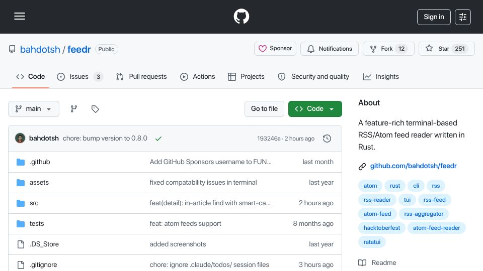 Screenshot of github.com: Feedr v0.8.0 – a TUI RSS reader, now read the full article from your terminal
