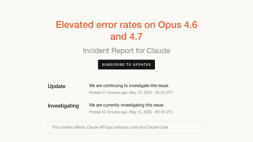 Screenshot of status.claude.com: Elevated error rates on Opus 4.7