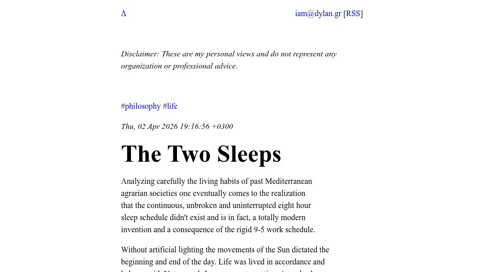 Screenshot of dylan.gr: Solar-based sleep patterns compared to modern norms