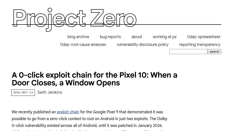 Screenshot of projectzero.google: A 0-click exploit chain for the Pixel 10