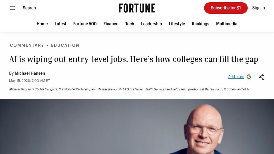 Screenshot of fortune.com: AI is wiping out entry-level jobs