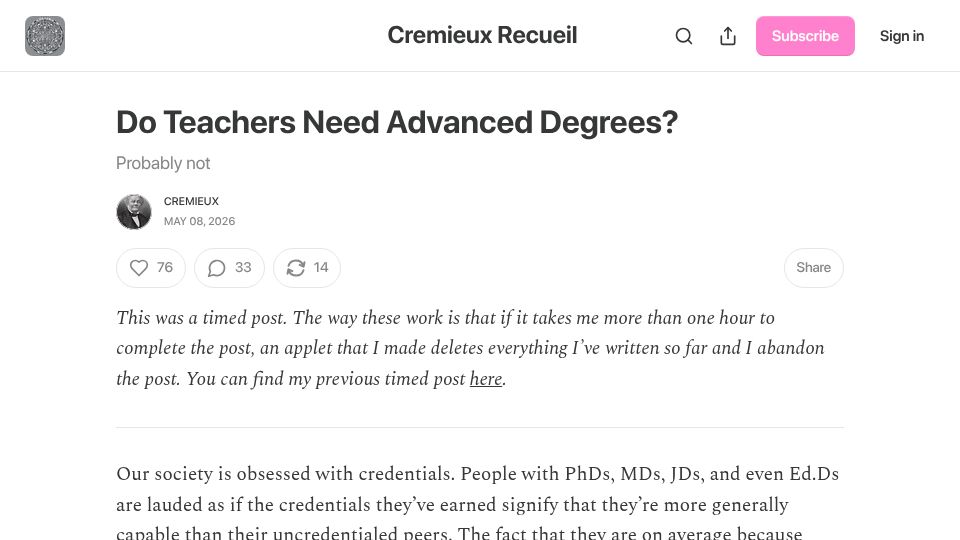 Screenshot of cremieux.xyz: Do teachers need advanced degrees?