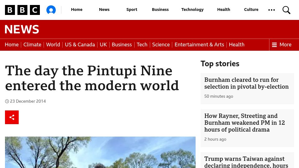 Screenshot of bbc.com: The day the Pintupi Nine entered the modern world (2014)