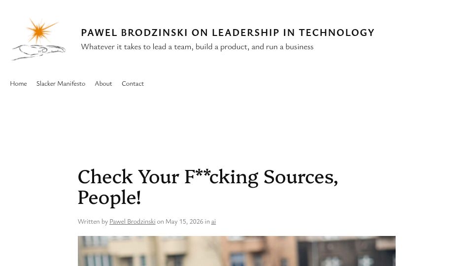 Screenshot of brodzinski.com: Check Your Fucking Sources, People
