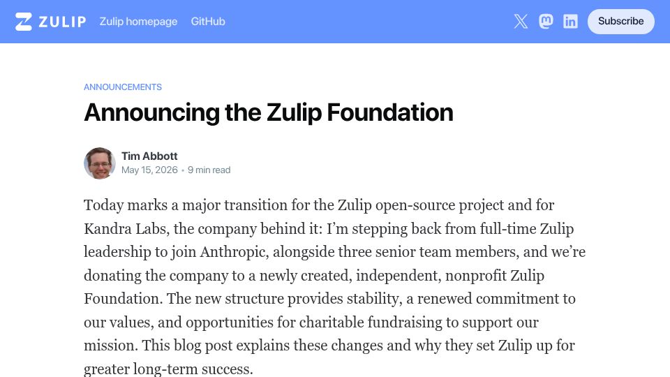 Screenshot of blog.zulip.com: The Zulip Foundation