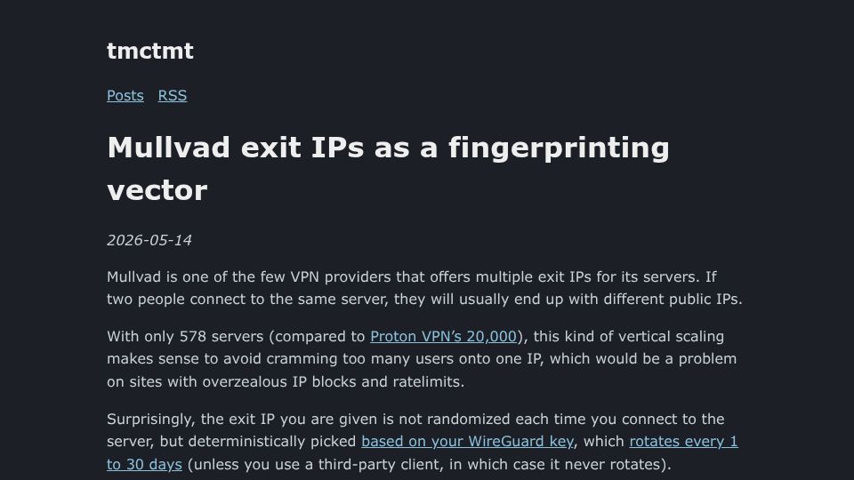 Screenshot of tmctmt.com: Mullvad exit IPs are surprisingly identifying