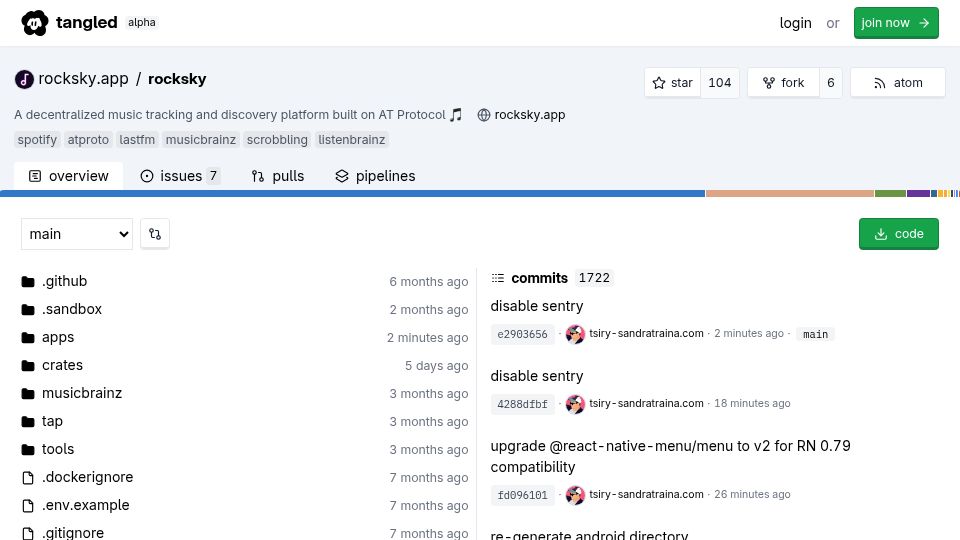 Screenshot of tangled.org: Show HN: Rocksky – Music scrobbling and discovery on the AT Protocol