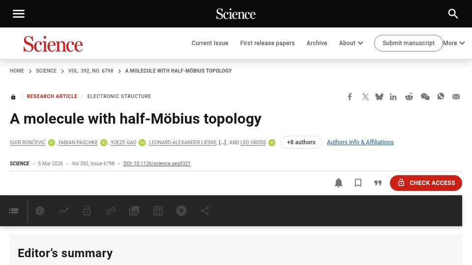 Screenshot of science.org: A molecule with half-Möbius topology