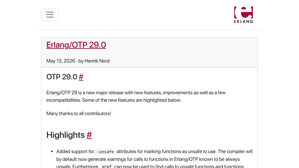 Screenshot of erlang.org: Erlang/OTP 29.0