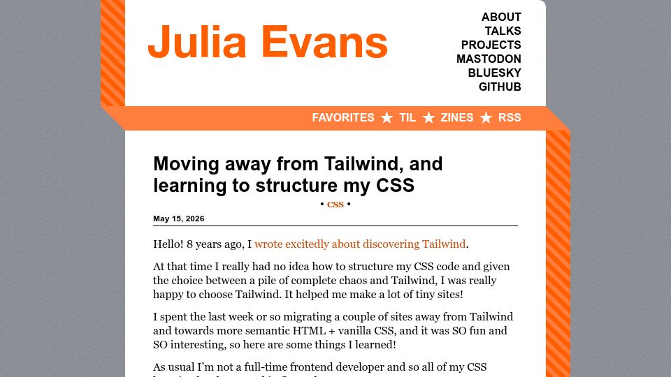 Screenshot of jvns.ca: Moving away from Tailwind, and learning to structure my CSS