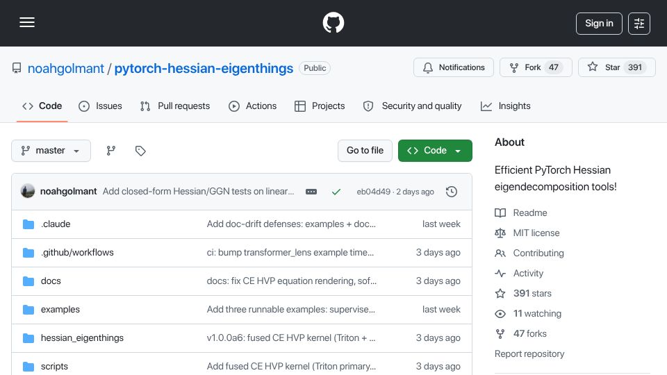 Screenshot of github.com: After 8 years, I rewrote my open-source PyTorch curvature library