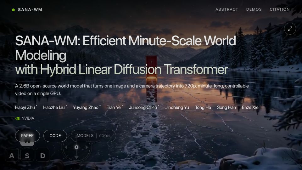 Screenshot of nvlabs.github.io: SANA-WM, a 2.6B open-source world model for 1-minute 720p video
