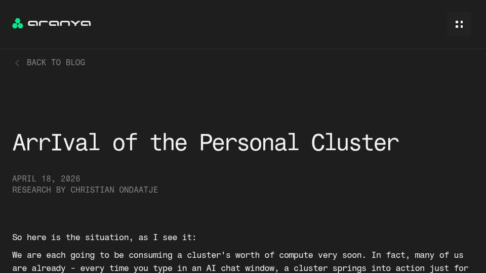 Screenshot of aranya.tech: Clusters become personal (like PCs did)