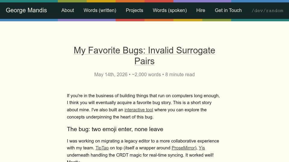 Screenshot of george.mand.is: My Favorite Bugs: Invalid Surrogate Pairs