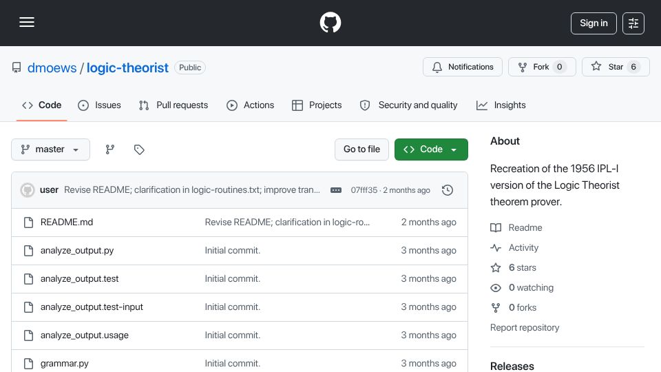 Screenshot of github.com: Recreation of the 1956 IPL-I version of the Logic Theorist theorem prover