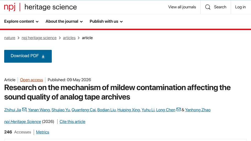 Screenshot of nature.com: Research on mildew contamination affecting the sound quality of analog tapes