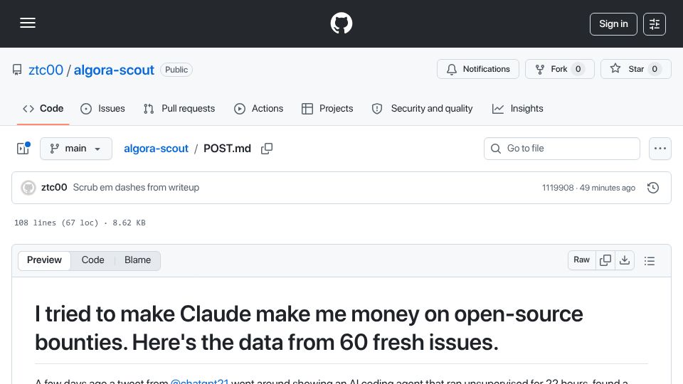 Screenshot of github.com: I tried to make Claude make me money on open-source bounties