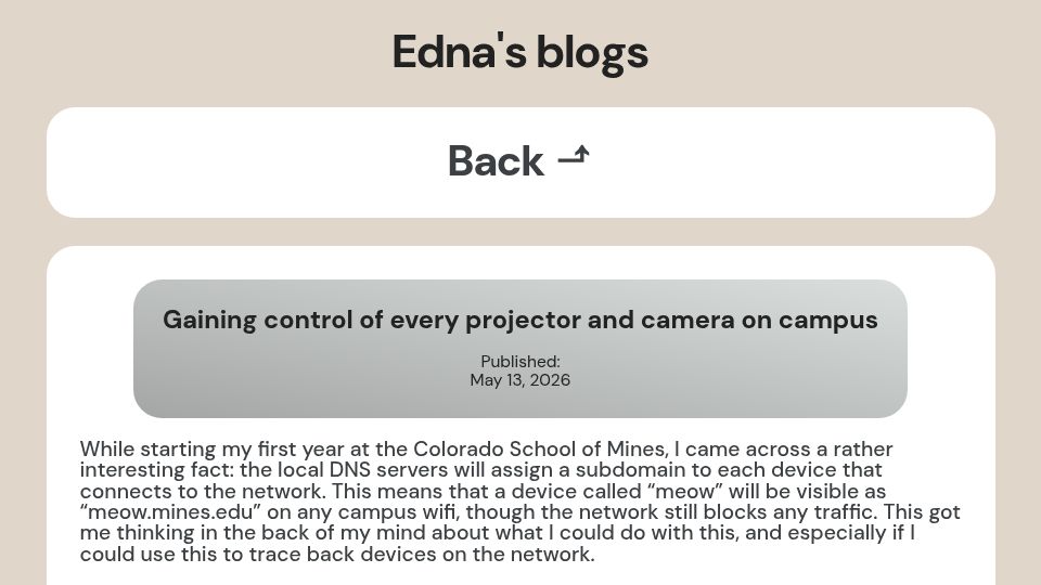 Screenshot of edna.land: Gaining control of every projector and camera on campus